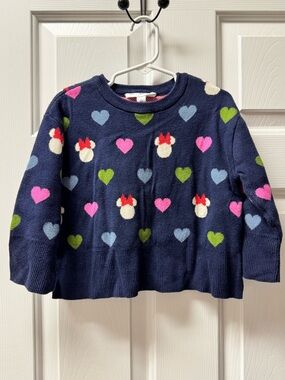 GAP KIDS Disney-Navy Sweater with Pink, Green and Blue Hearts, and Minnie Mouse